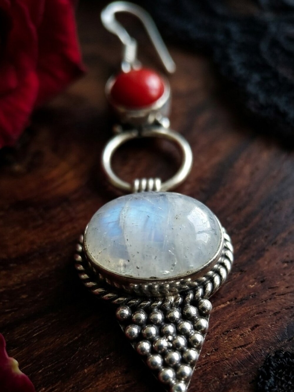 925 Sterling Silver Whimsigoth Moonstone and Red Coral Drop Earrings 2.5" - Picture 14 of 16